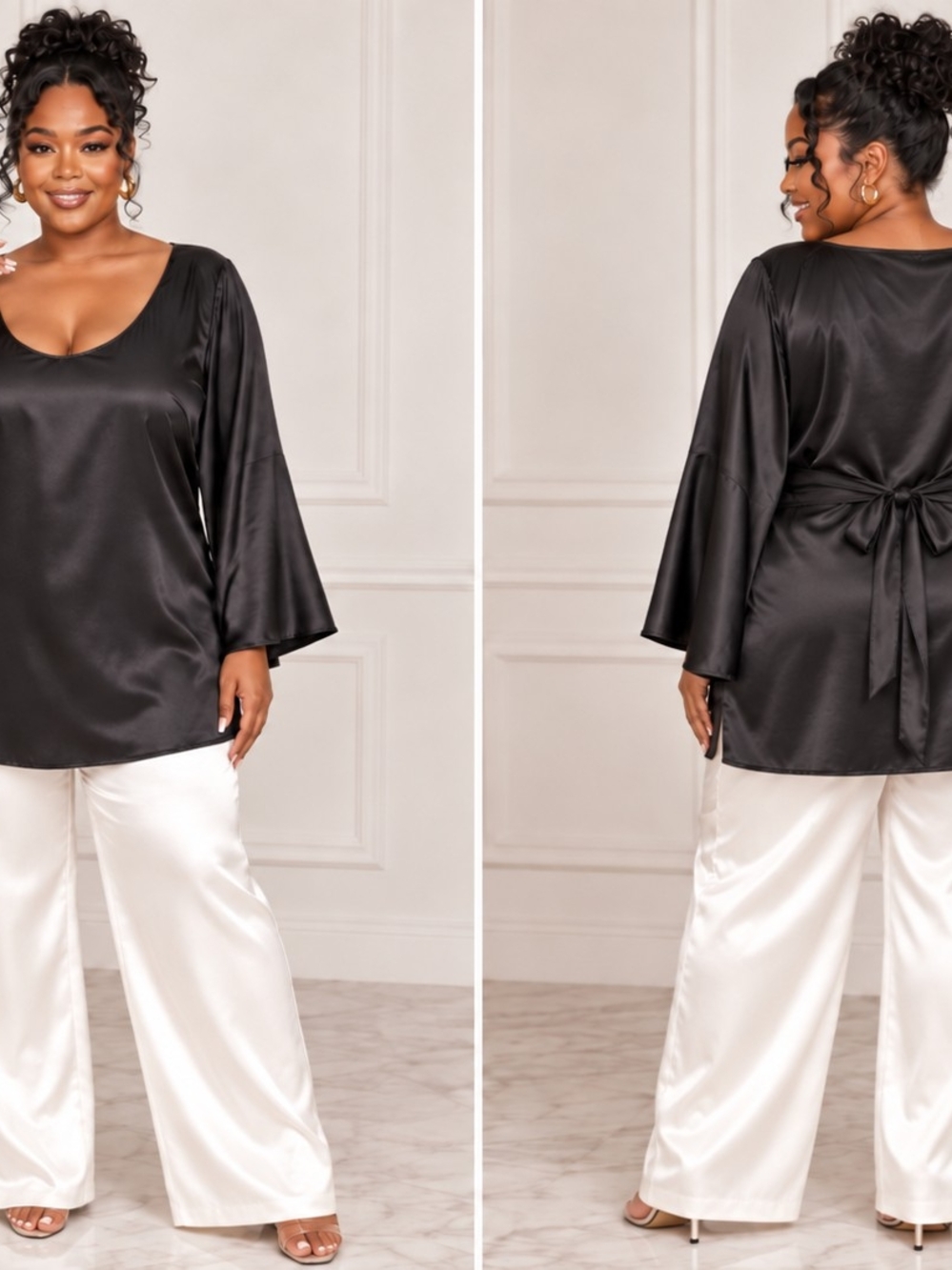 Ashley Stewart Black Satin Scoop-Neck Tunic with Back Tie